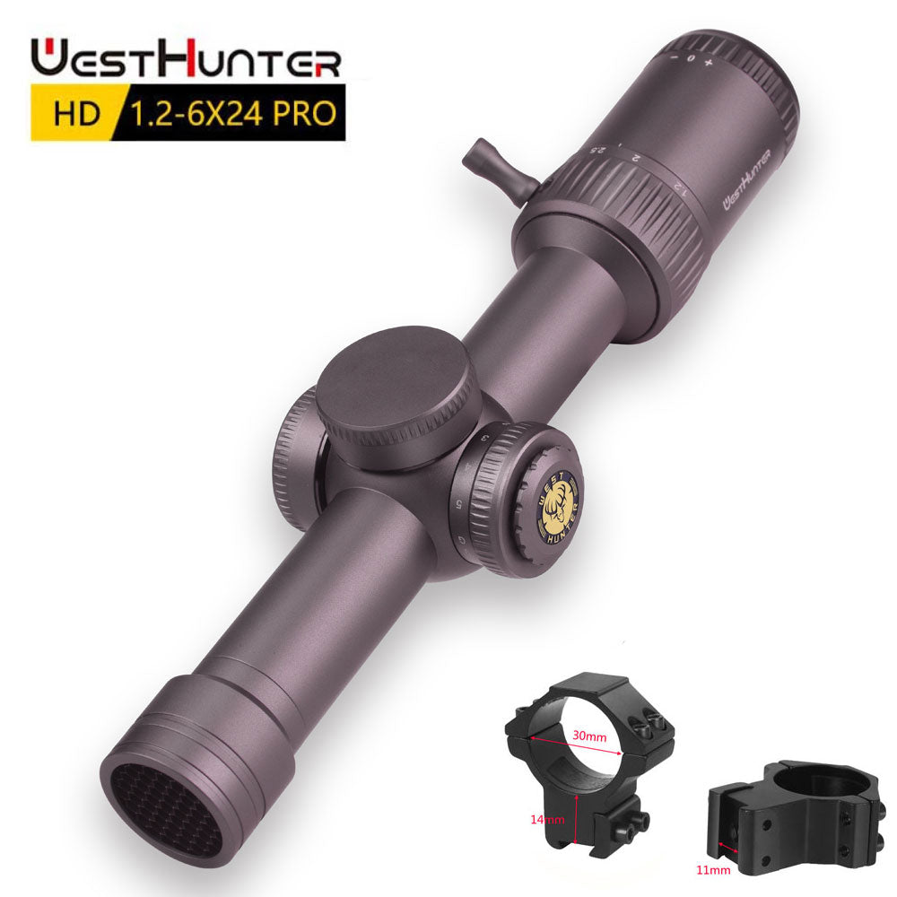 Mira telescópica compacta WestHunter HD 1.2-6X24 IR Pro con retícula grabada en cristal e iluminación roja y verde.