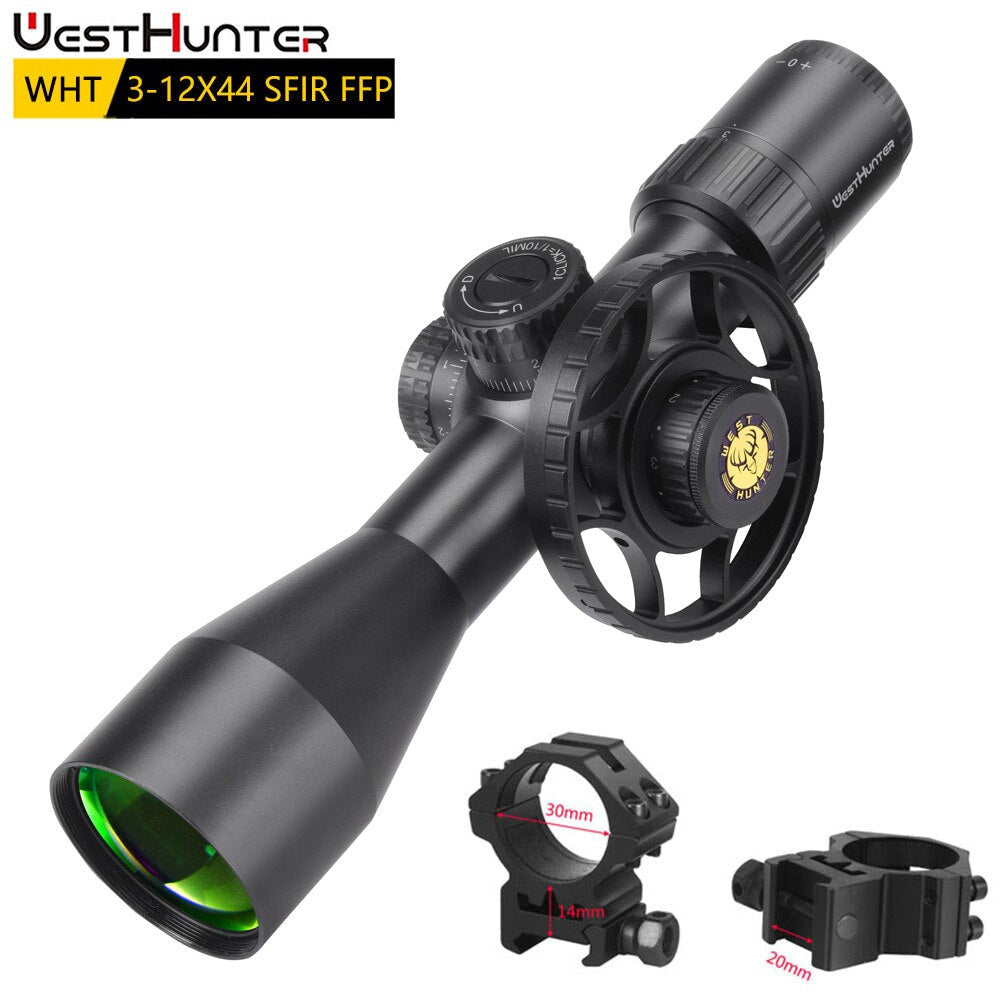 Luneta compacta WESTHUNTER WHT 3-12X44 SFIR FFP (primeiro plano focal).