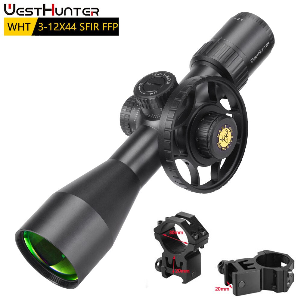 Luneta compacta WESTHUNTER WHT 3-12X44 SFIR FFP (primeiro plano focal). 